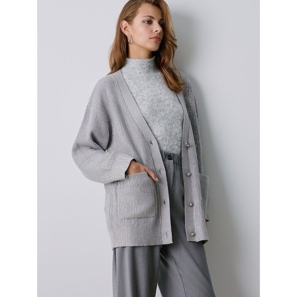 New BSB Women Knit Holiday Occasions Cardigan Buttons Grey Melange Sz M Sweater